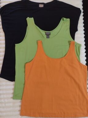 Lot of 3 Chicos Spring Summer Tops Size 3 Black Tee, Bright Orange Green Tanks